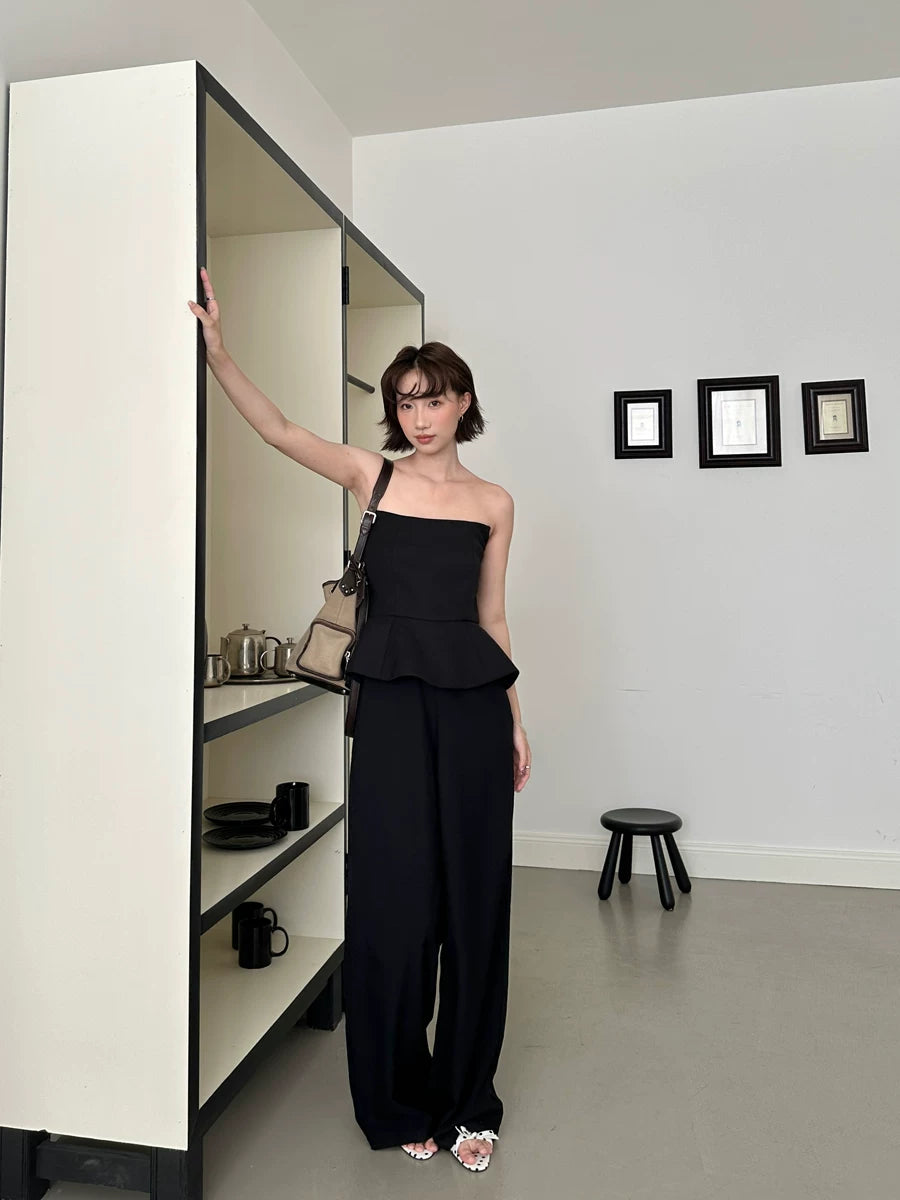 tube top peplum fake two-piece wide leg jumpsuit 1color 【NINE7150】