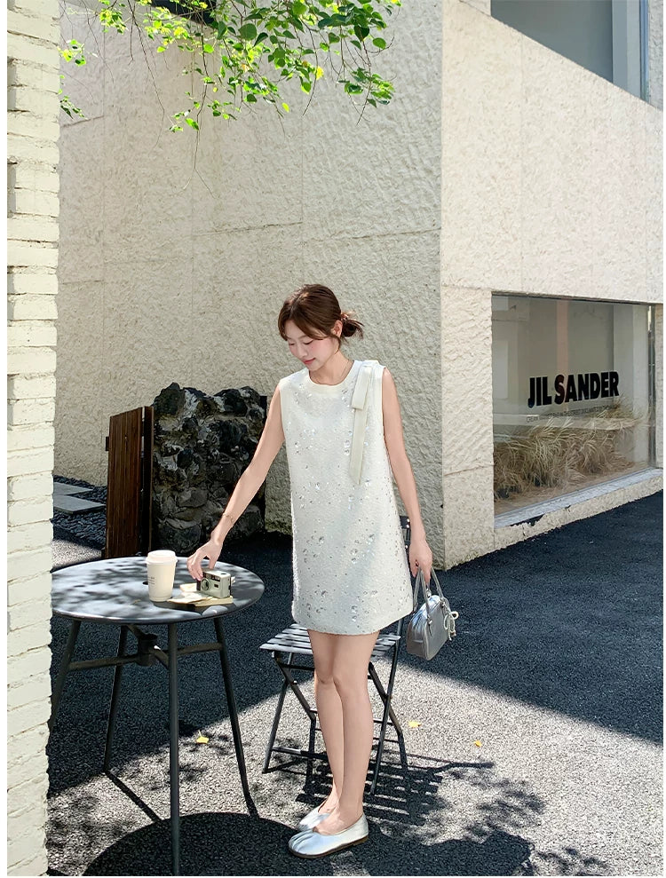 sequin ribbon tweed sleeveless mini dress 1color 【NINE7139】