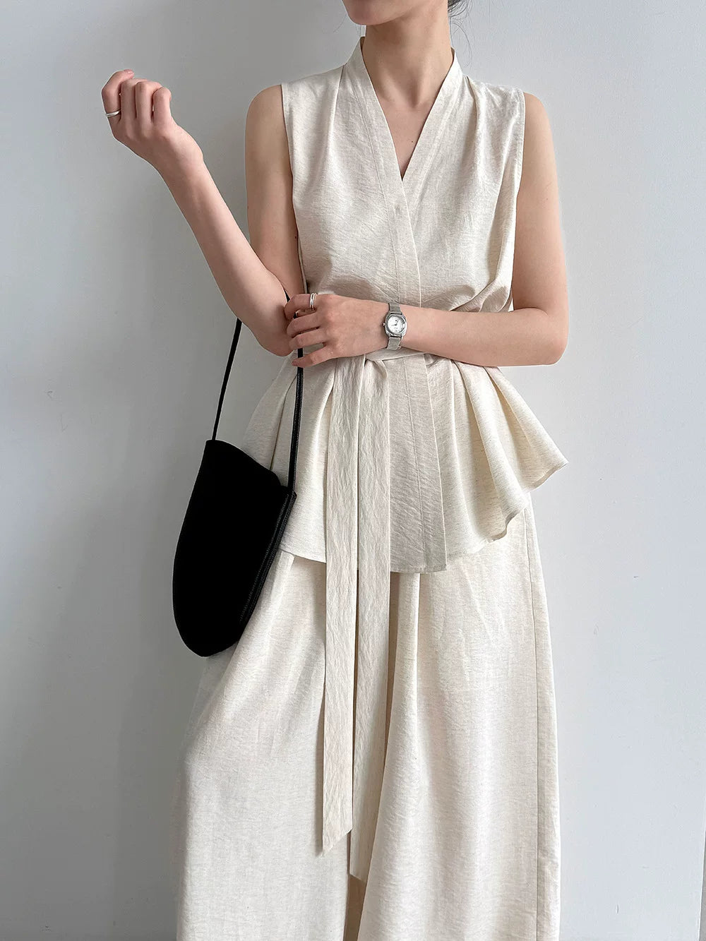 peplum tie sleeveless pants setup 2color 【NINE7082】