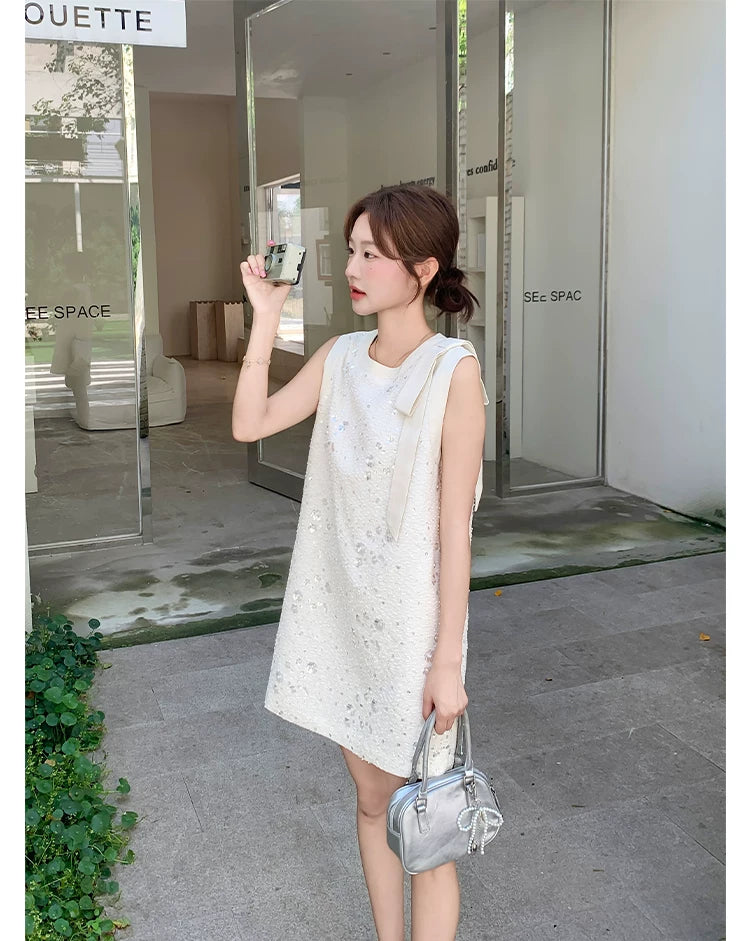 sequin ribbon tweed sleeveless mini dress 1color 【NINE7139】