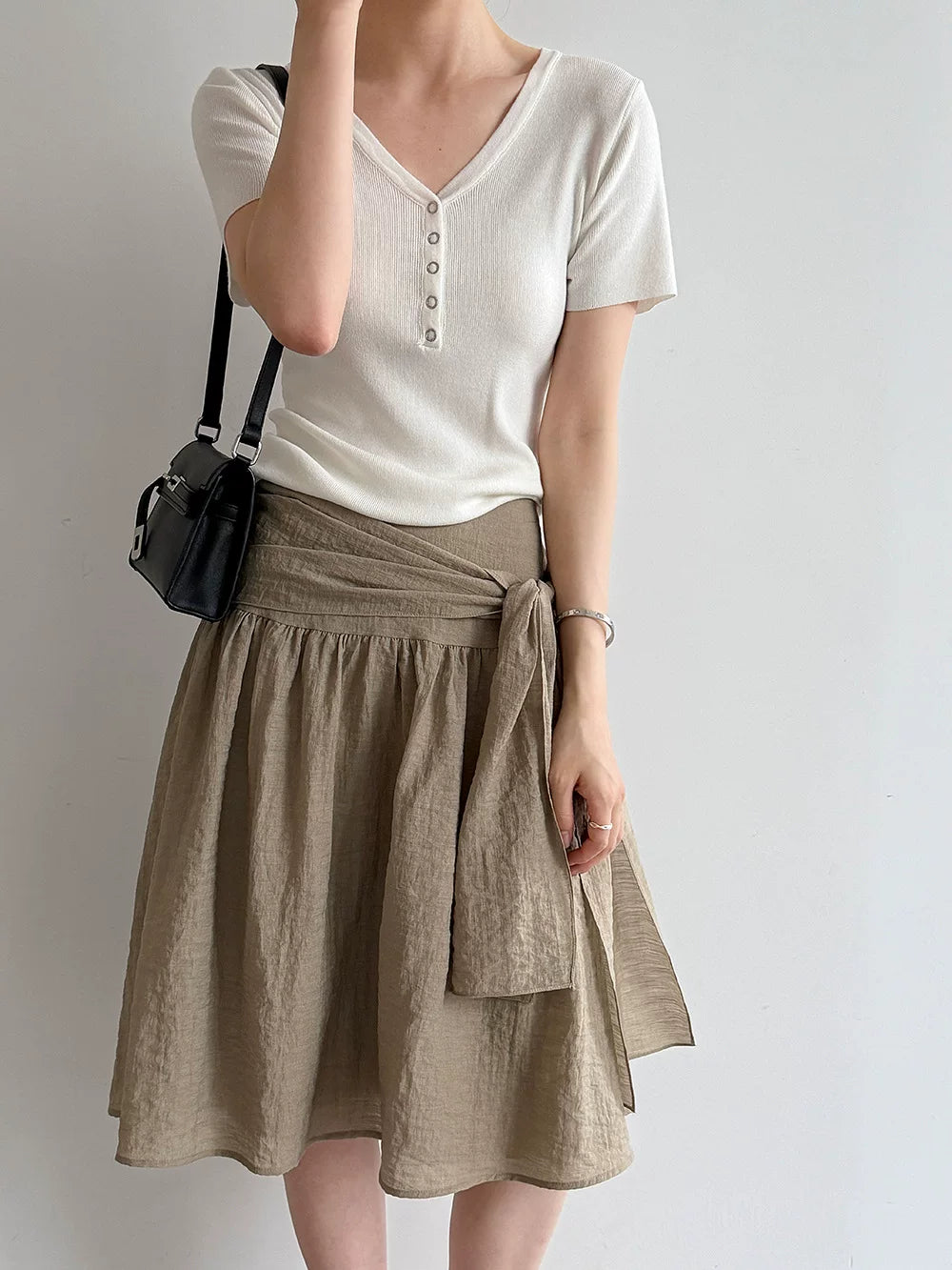 waist tie flared knee skirt 2color 【NINE7079】