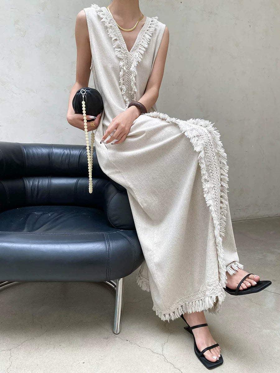 fringe sleeveless long dress 2color 【NINE7057】
