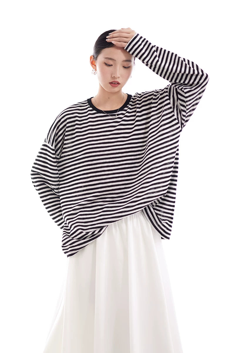 border crew neck loose long sleeve top 1color 【NINE7225】
