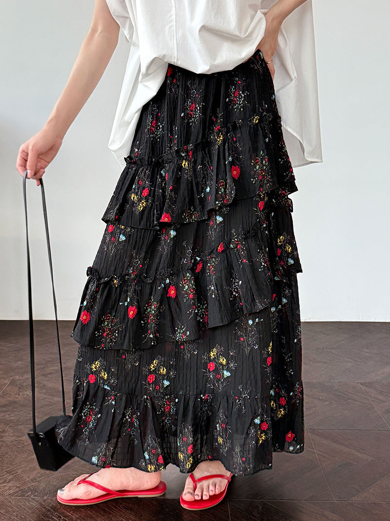 floral tiered slit maxi skirt 1color 【NINE7240】
