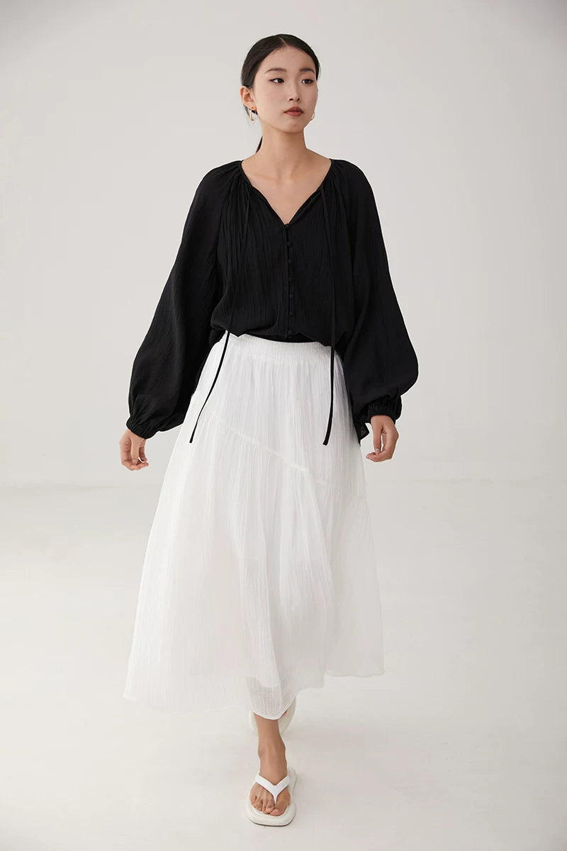 lace up tie lantern sleeve blouse 1color 【NINE7226】