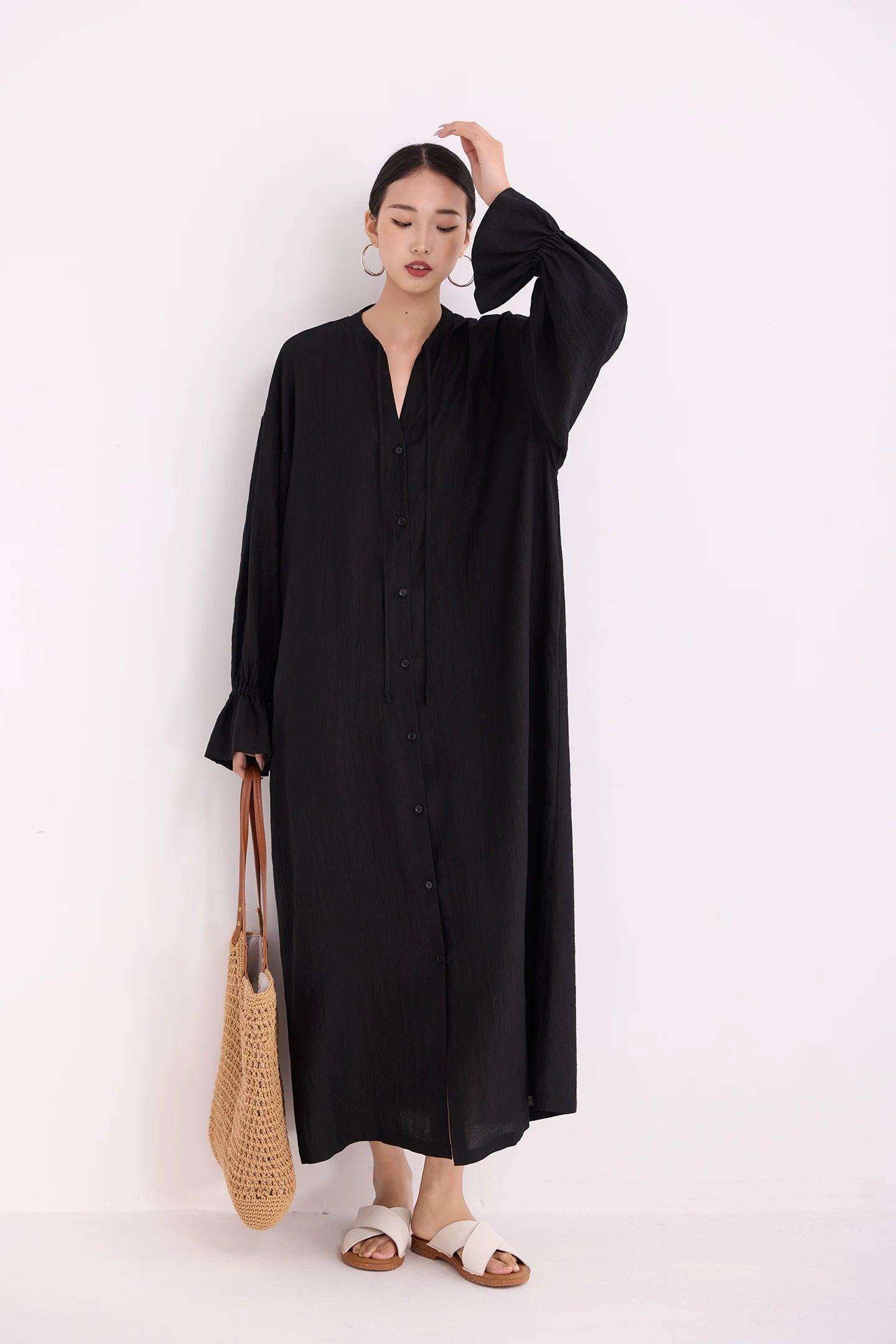 v-neck flare sleeve shirt long dress 1color 【NINE7223】