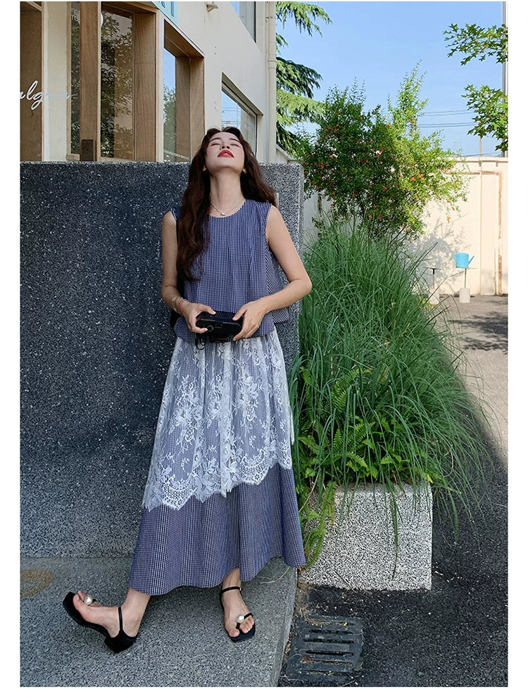 stripe lace fake twopiece dress 1color 【NINE7129】