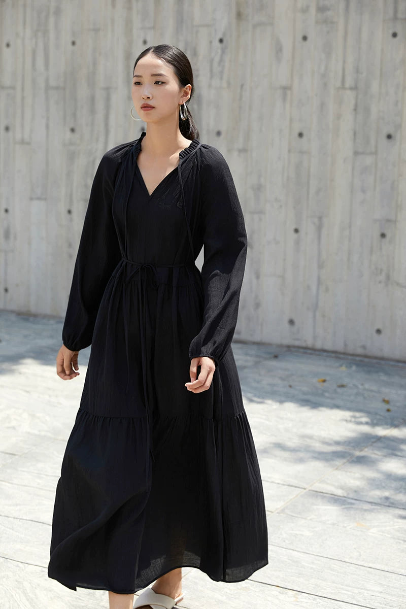 v-neck belt tiered long dress 1color 【NINE7227】