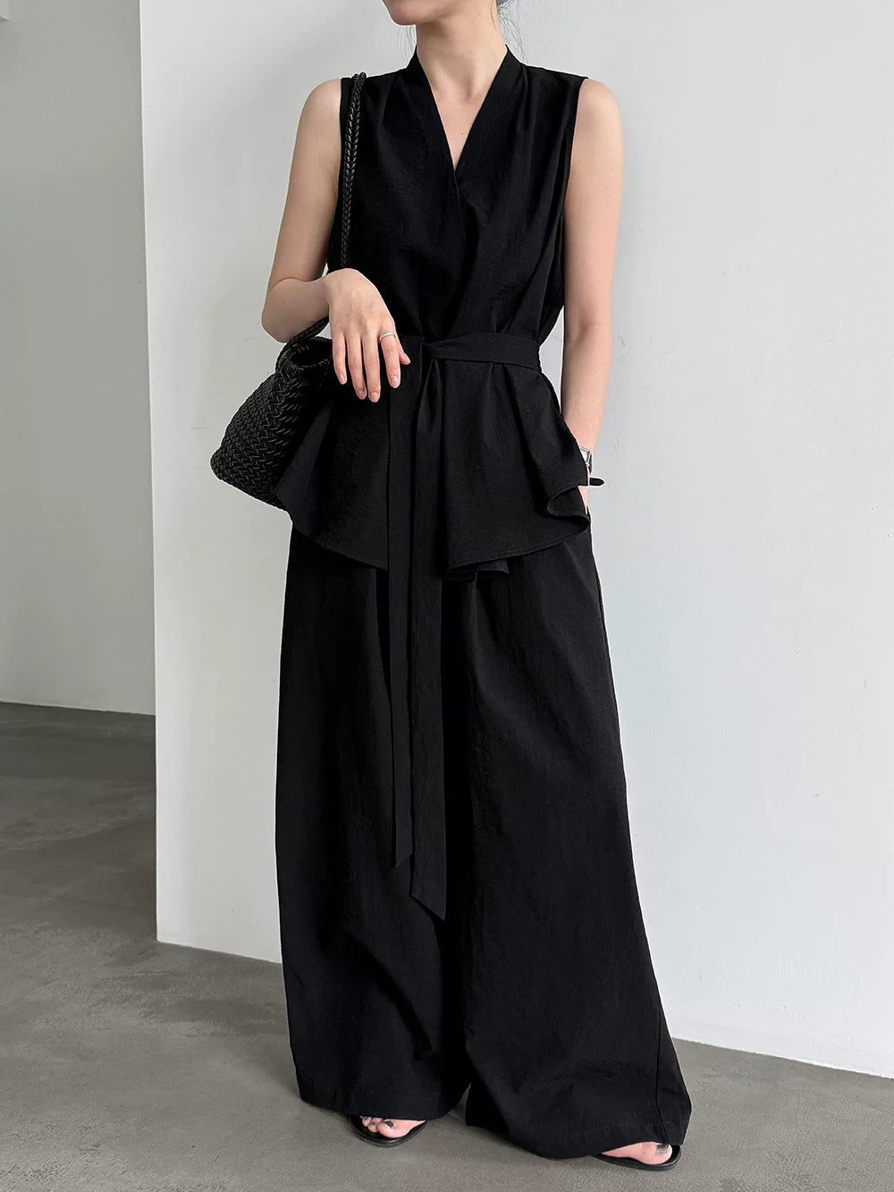 peplum tie sleeveless pants setup 2color 【NINE7082】