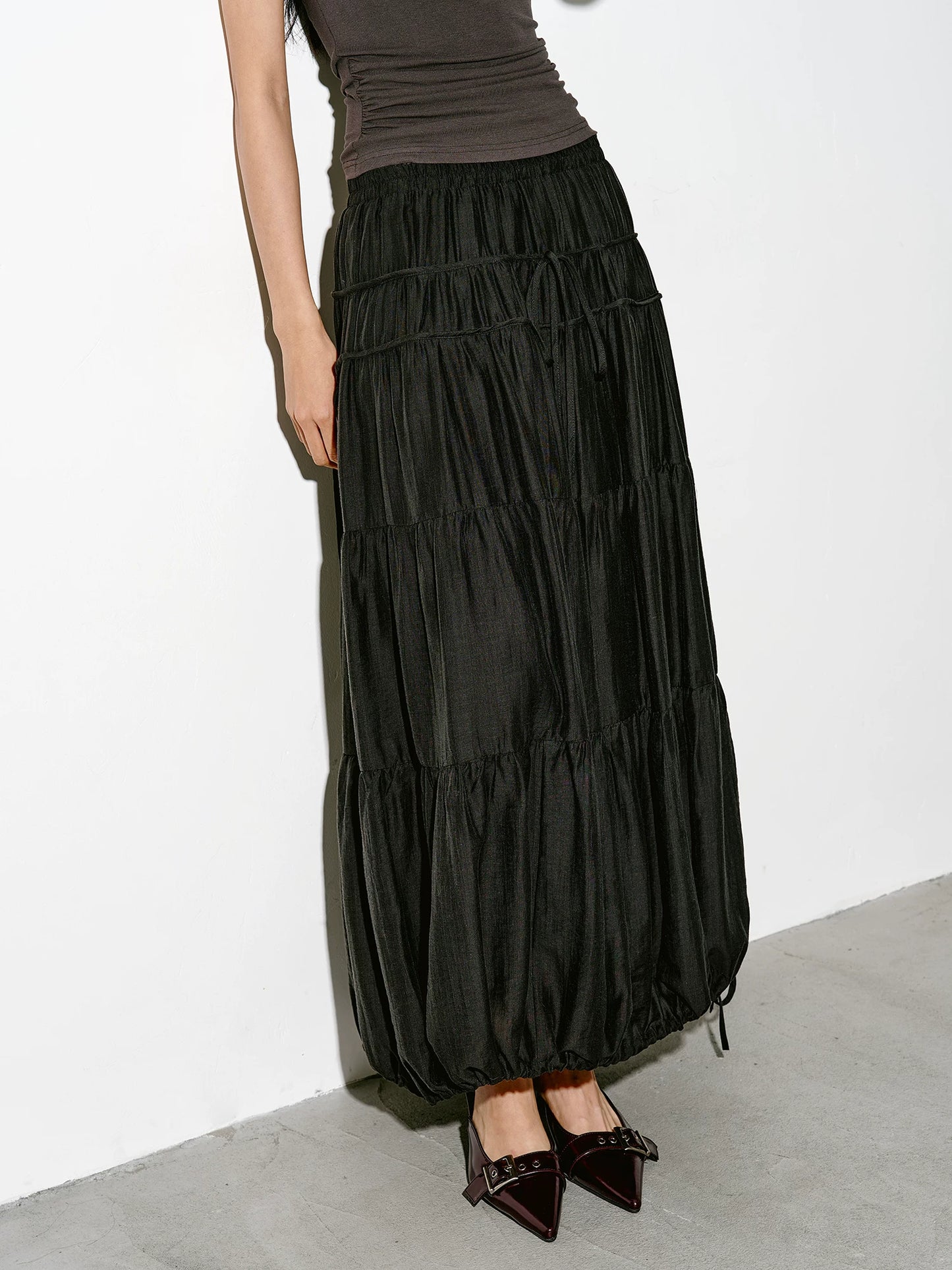 drawstring tiered balloon long skirt 1color 【NINE7229】