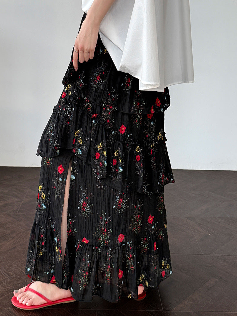 floral tiered slit maxi skirt 1color 【NINE7240】