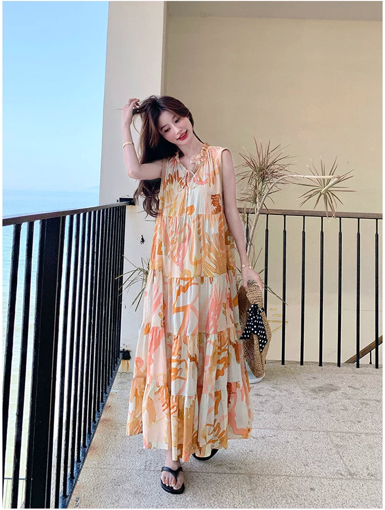 orange print tiered sleeveless dress 1color 【NINE7136】