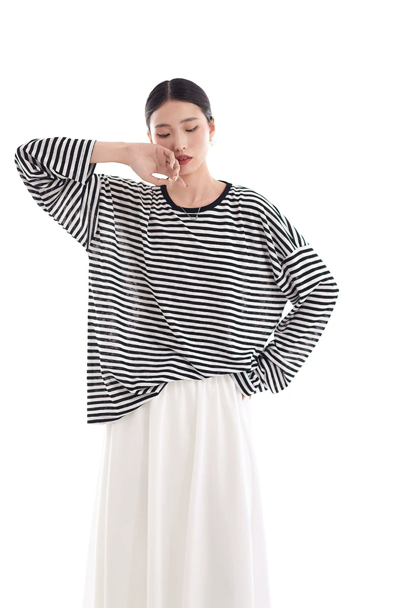 border crew neck loose long sleeve top 1color 【NINE7225】