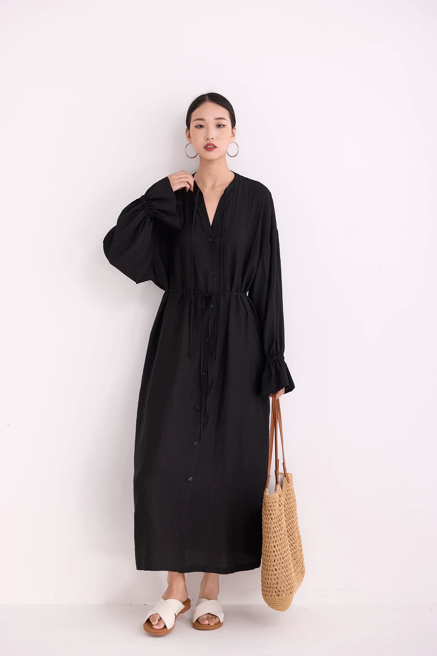 v-neck flare sleeve shirt long dress 1color 【NINE7223】