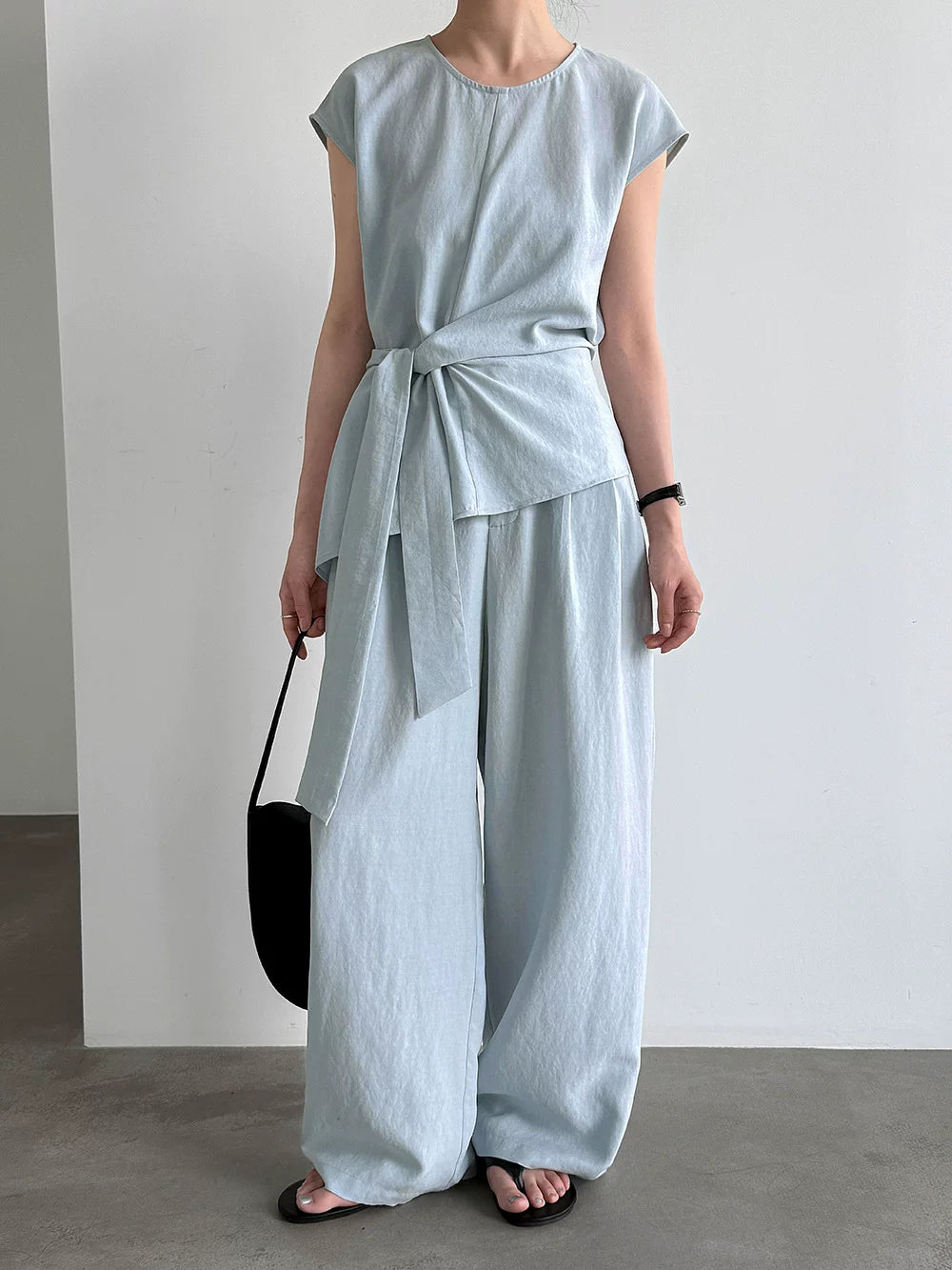 waist tie cap sleeve tops pants setup 2color 【NINE7085】