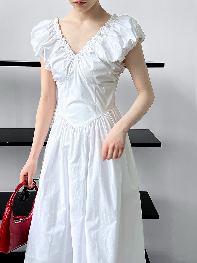 v neck gathered long dress 2color 【NINE7243】