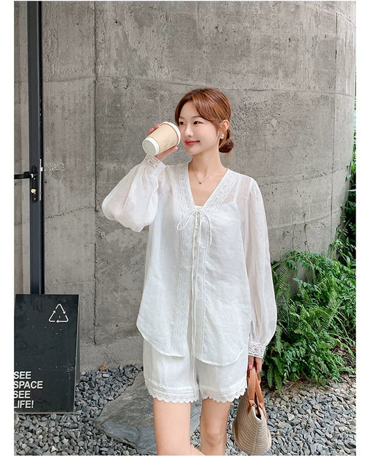 linen like lace shirt setup 1color 【NINE7118】