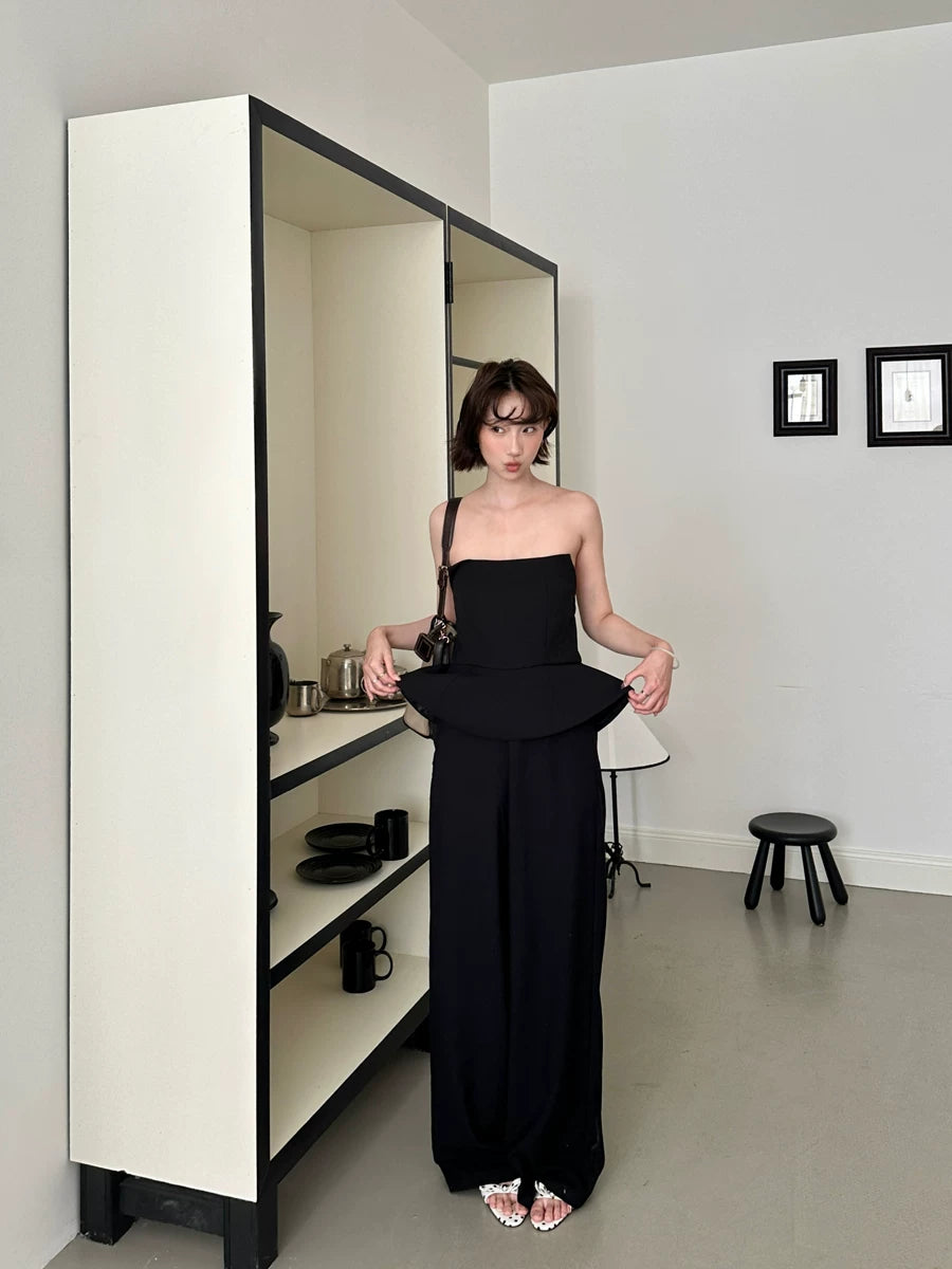 tube top peplum fake two-piece wide leg jumpsuit 1color 【NINE7150】