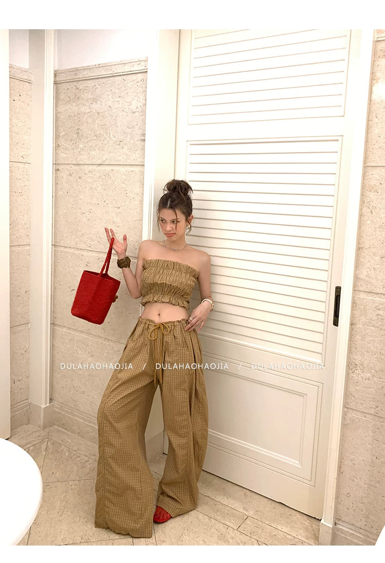 shirring bandeau check pants setup 1color 【NINE7096】