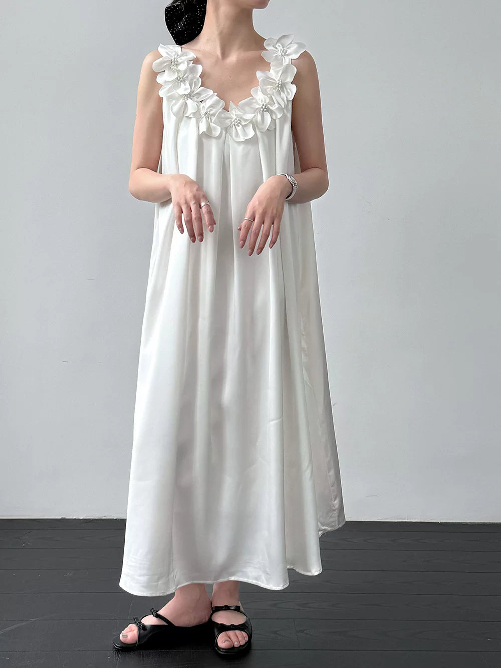flower applique satin long dress 2color 【NINE7087】