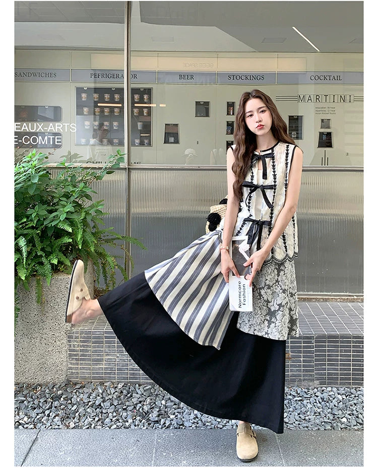 patchwork asymmetric skirt vest setup 1color 【NINE7113】