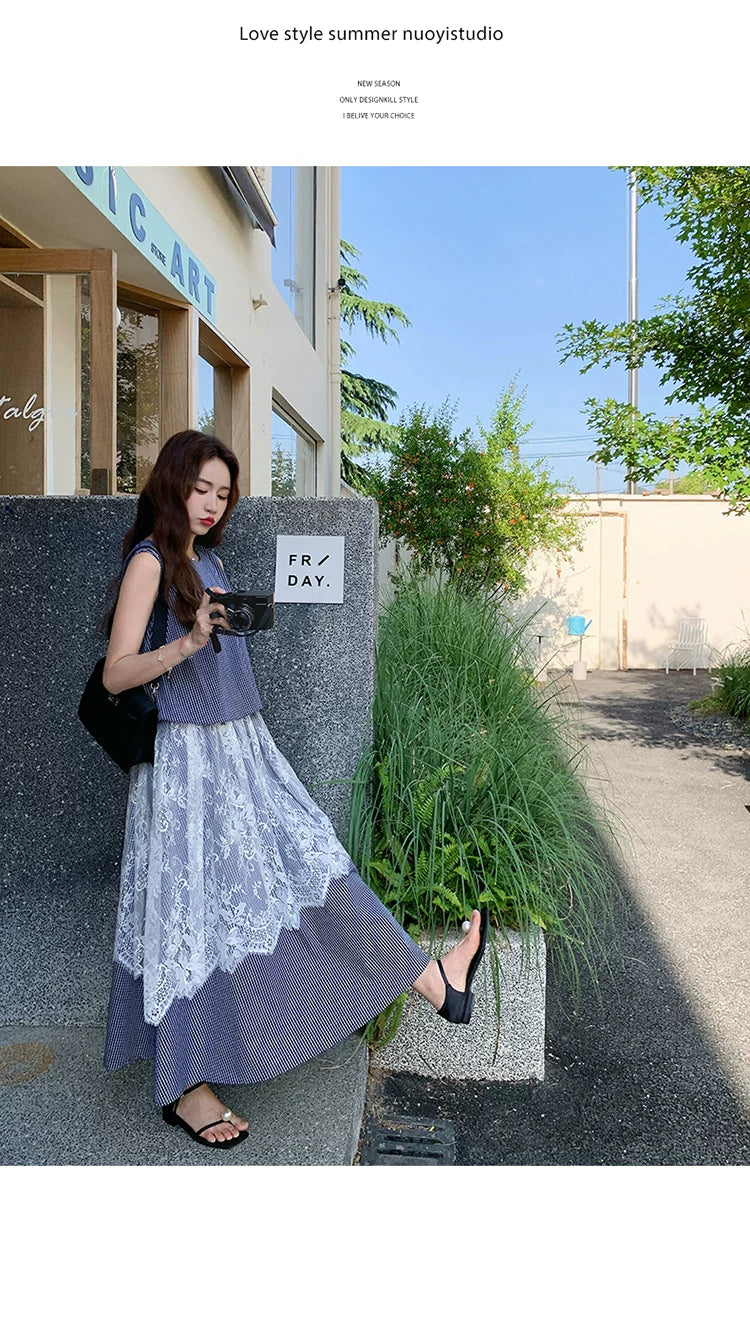 stripe lace fake twopiece dress 1color 【NINE7129】
