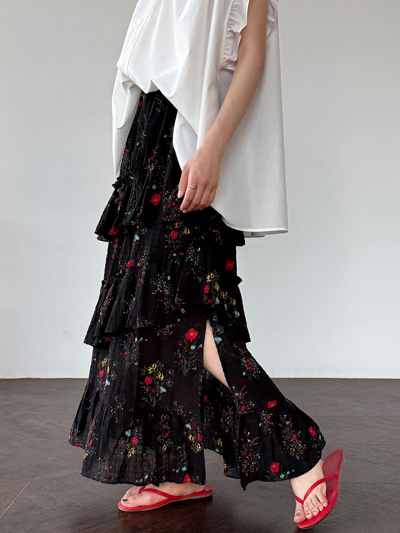 floral tiered slit maxi skirt 1color 【NINE7240】