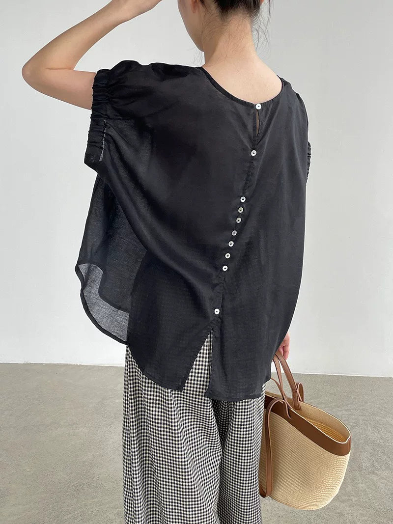 back button loose short sleeve blouse 3color 【NINE7021】