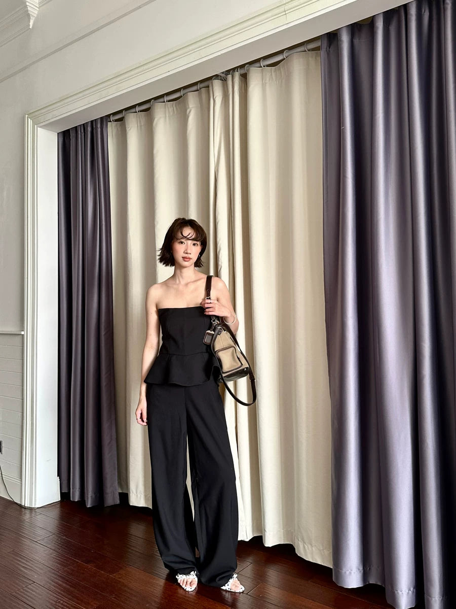 tube top peplum fake two-piece wide leg jumpsuit 1color 【NINE7150】