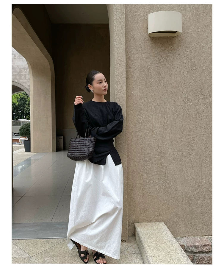waist ribbon tie long sleeve blouse 1color 【NINE7198】