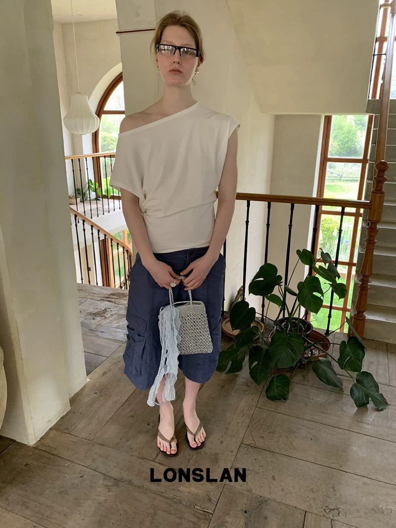 off shoulder asymmetric drape top 3color 【NINE7014】