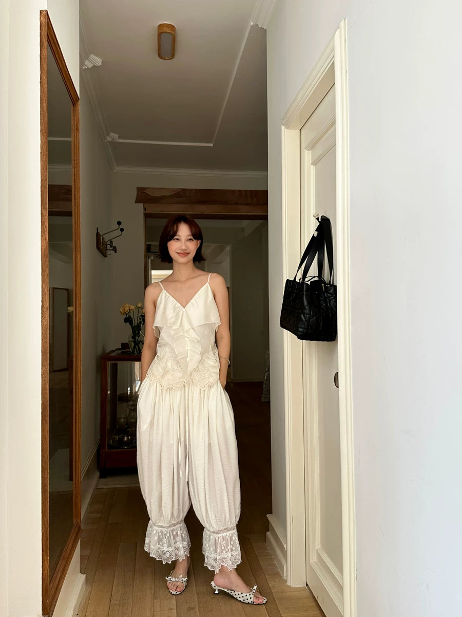 lace hem pleated loose pants 1color 【NINE7141】