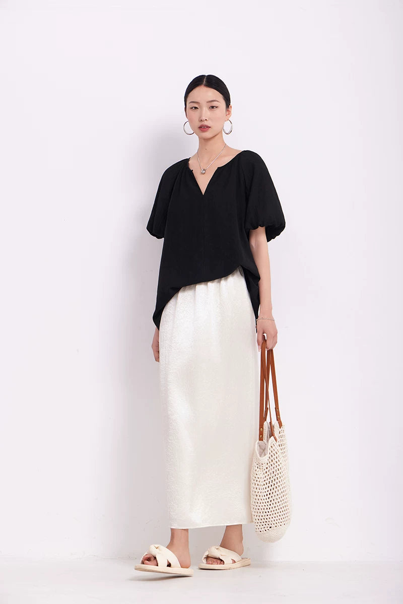v-neck puff sleeve loose blouse 1color 【NINE7219】