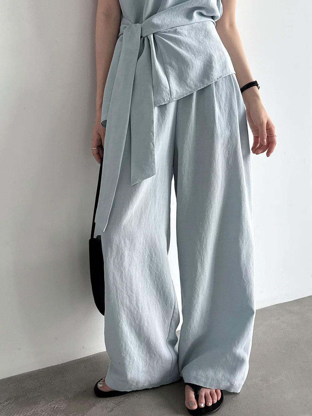 waist tie cap sleeve tops pants setup 2color 【NINE7085】