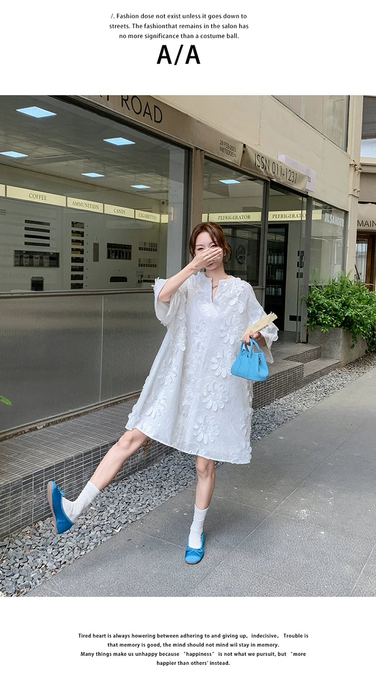 3D floral vneck loose dress 1color 【NINE7130】