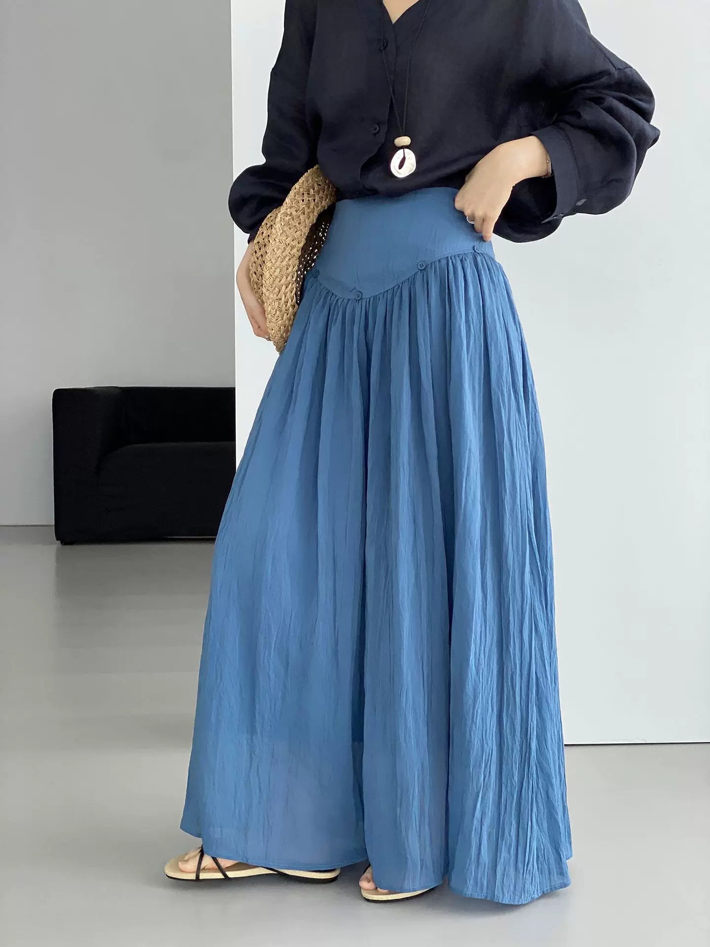 yoke pleated flared long skirt 2color 【NINE7077】