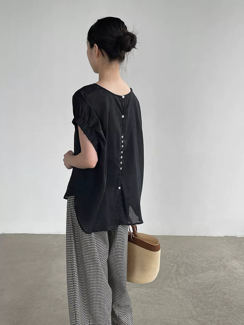 back button loose short sleeve blouse 3color 【NINE7021】