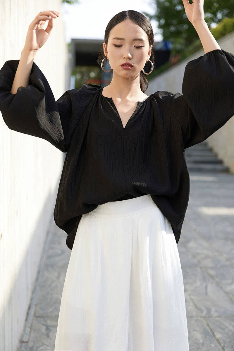v-neck lantern sleeve loose blouse 14colors 【NINE7214】