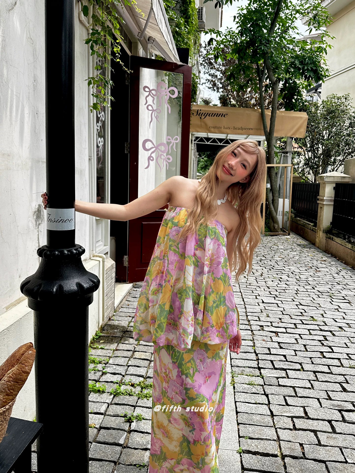 floral print tube top style fake two-piece long dress 1color 【NINE7147】