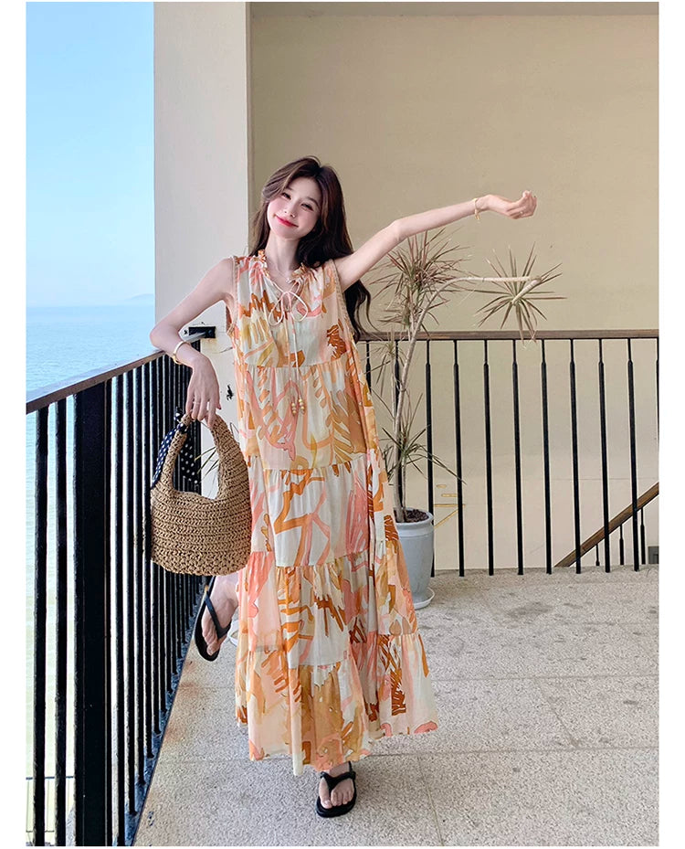 orange print tiered sleeveless dress 1color 【NINE7136】