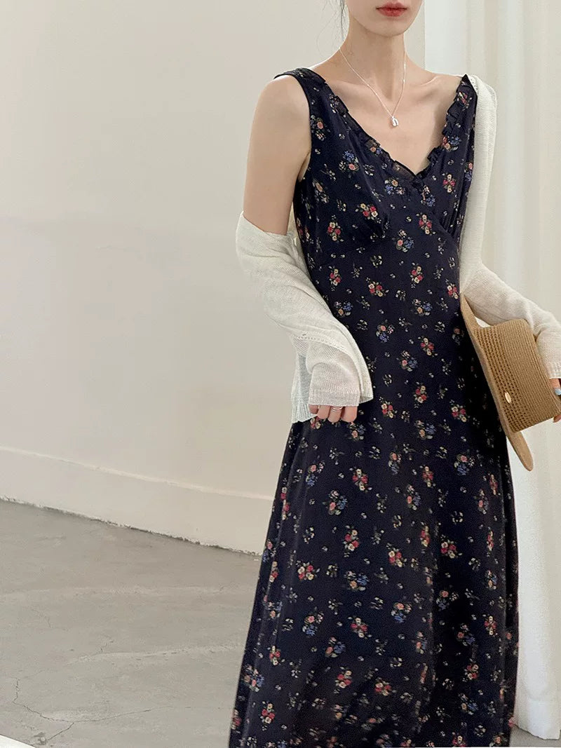 backless floral linen camisole dress 1color 【NINE7024】