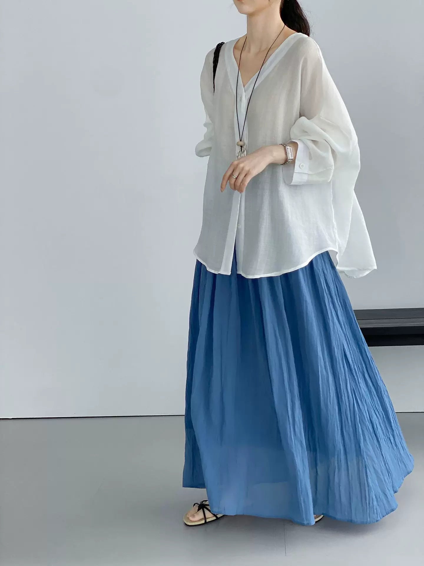 yoke pleated flared long skirt 2color 【NINE7077】