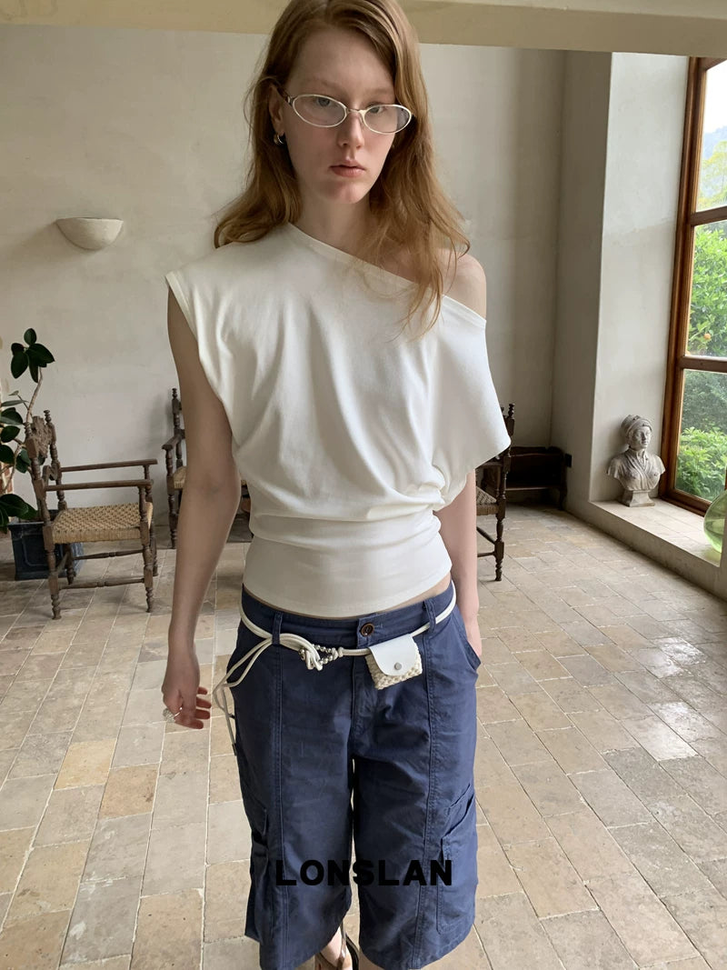 off shoulder asymmetric drape top 3color 【NINE7014】