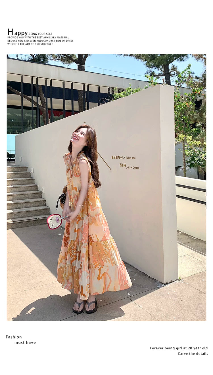 orange print tiered sleeveless dress 1color 【NINE7136】