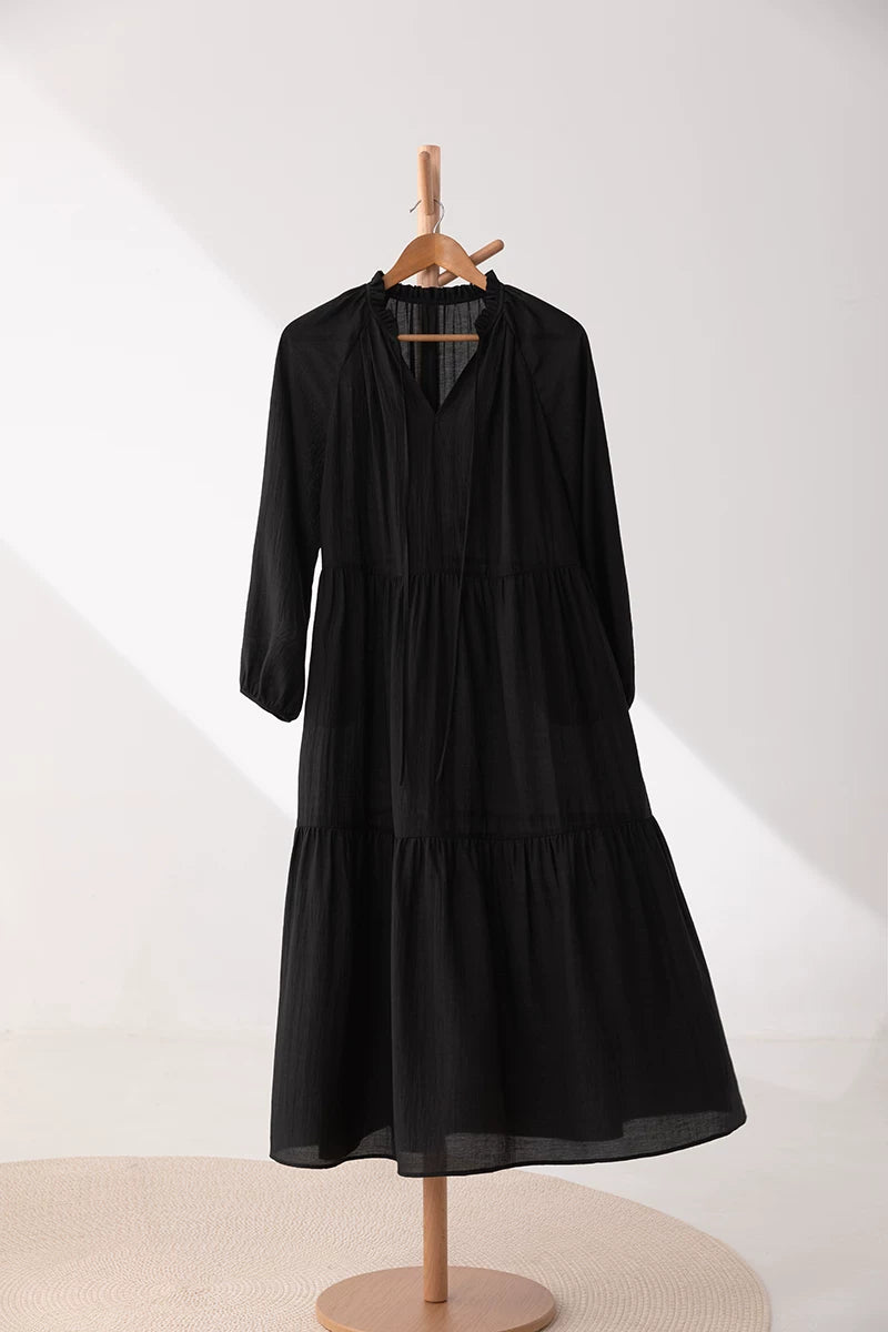 v-neck belt tiered long dress 1color 【NINE7227】