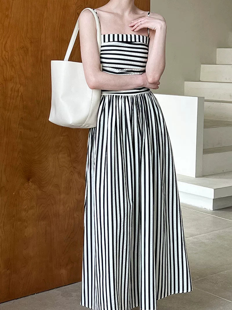 striped ruched camisole long dress 1color 【NINE7062】