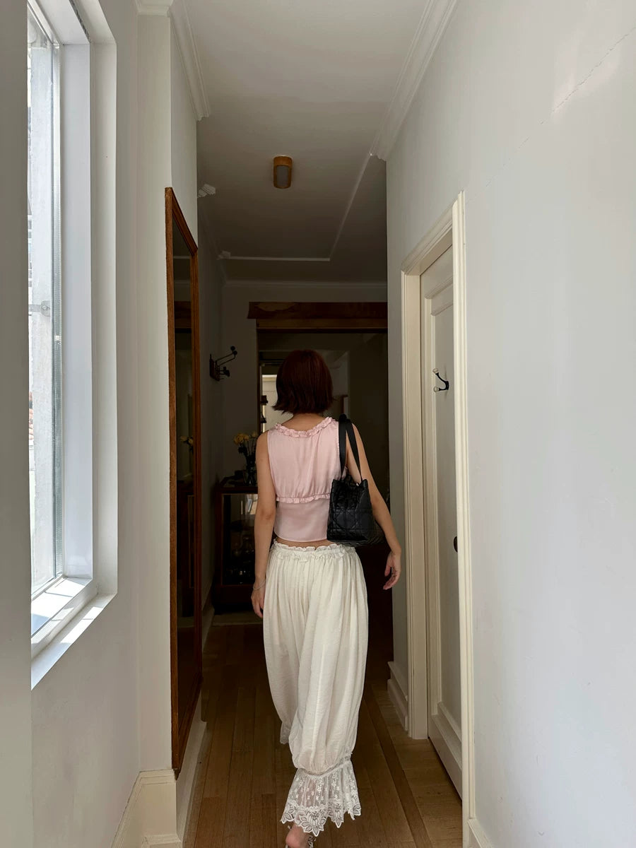 lace hem pleated loose pants 1color 【NINE7141】