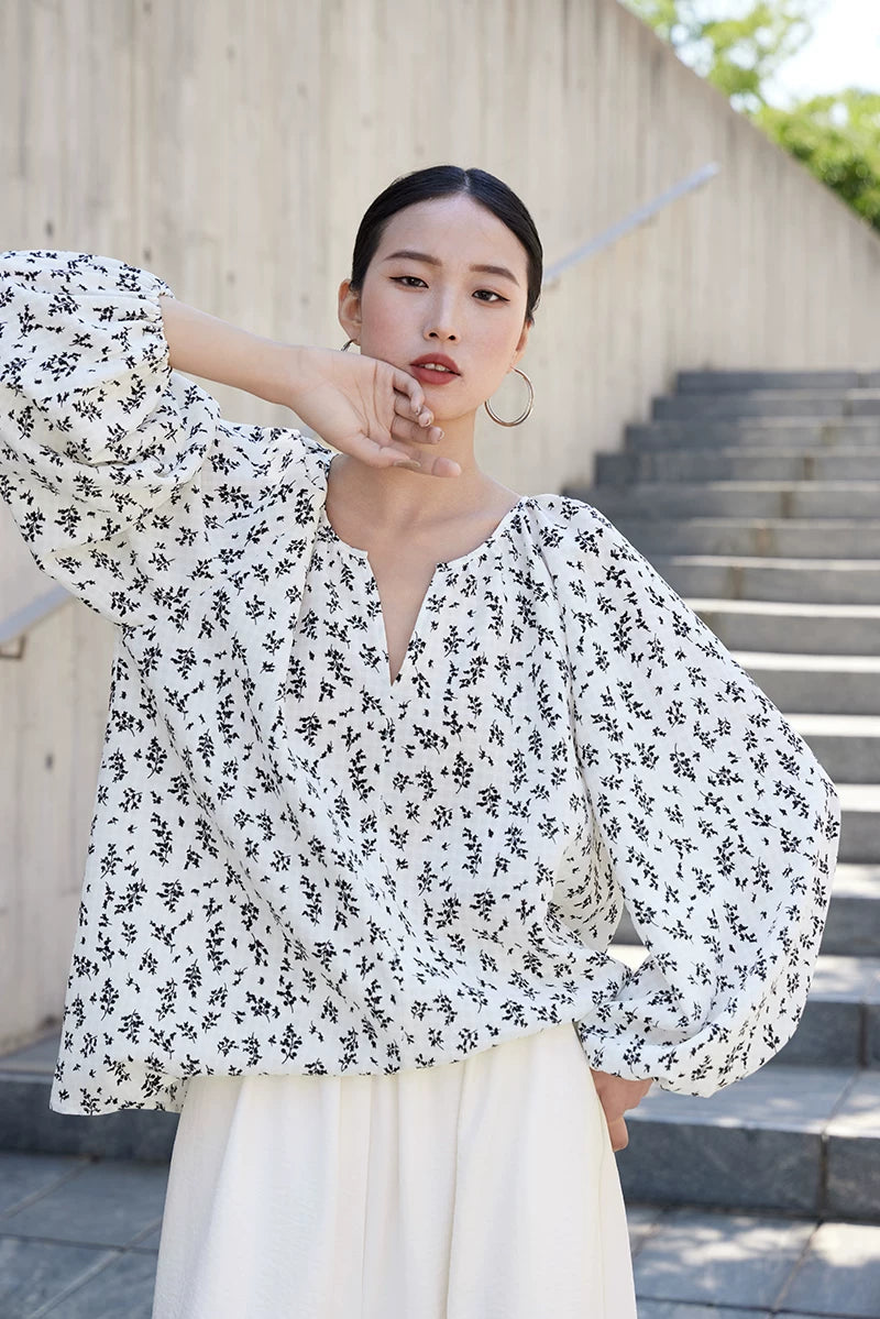 v-neck lantern sleeve loose blouse 14colors 【NINE7214】
