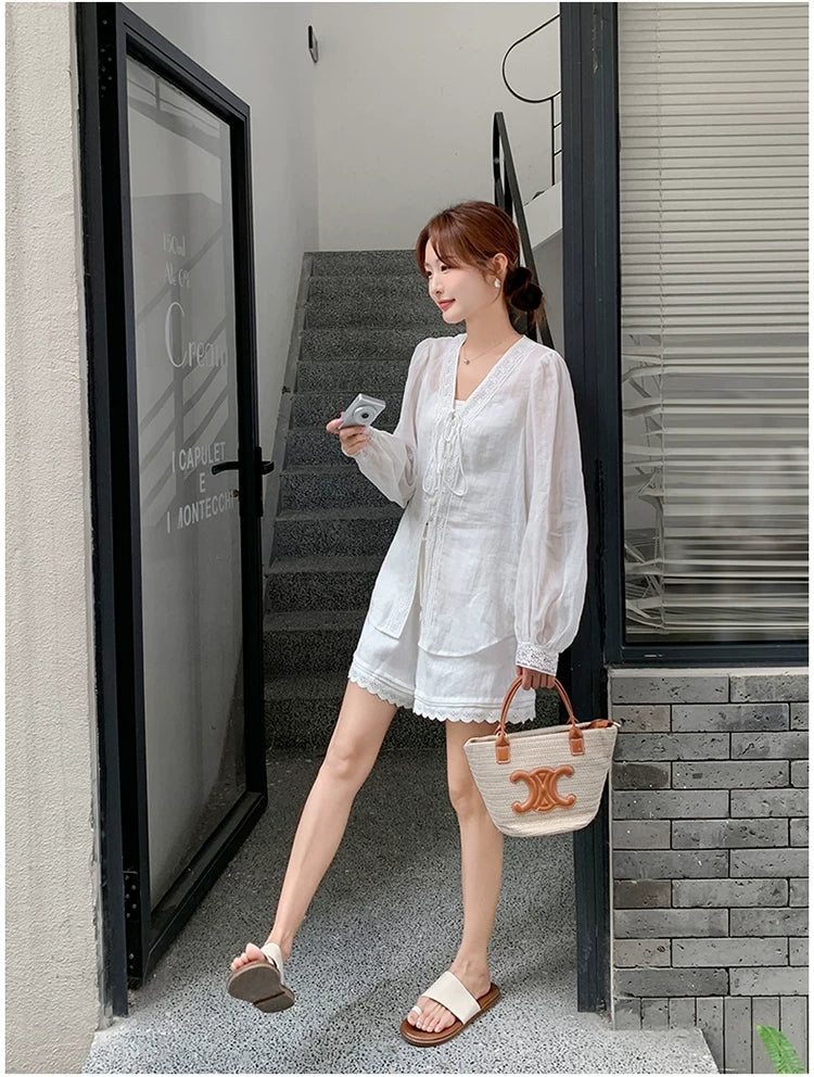 linen like lace shirt setup 1color 【NINE7118】