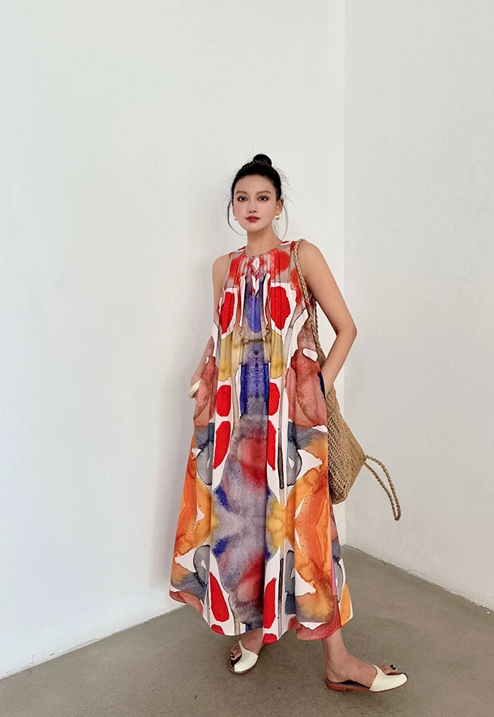 oil painting print sleeveless long dress 1color 【NINE7041】